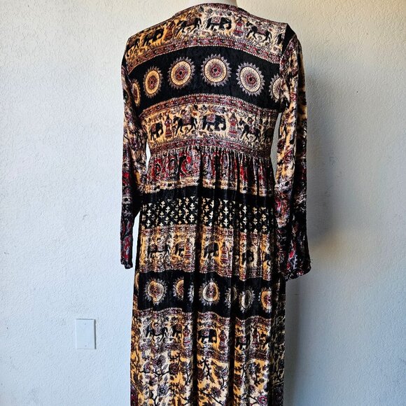 Vintage 70s 80s Velour Bohemian Elephant Stripe Paisley Hippie Maxi Dress India - Picture 7 of 10